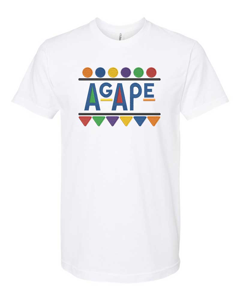 Agape-travel-tee-in-white-multicolour-retro-embroidery. circles-above-triangles-below-letters