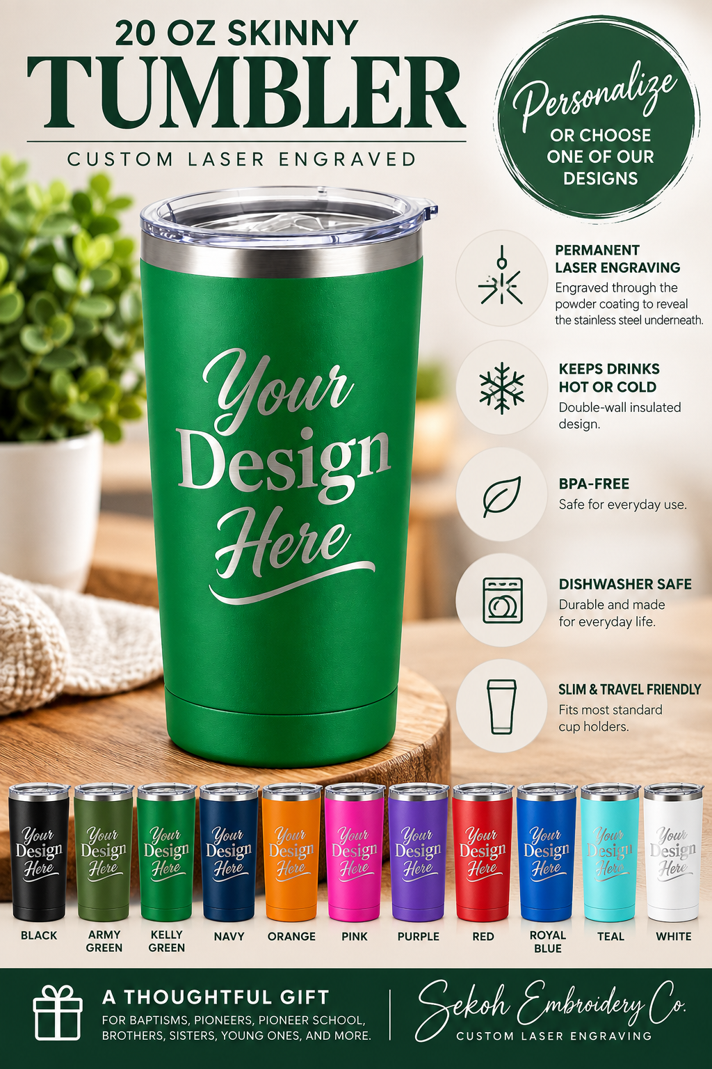 Custom laser engraved 20 oz powder coated steel drink tumblers
